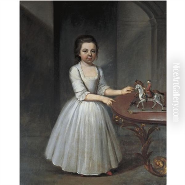 Portrait Of A Young Girl, Wearing A Grey Satin Dress, Standing By An Elaborate Roccoco Table With A Toy Soldier And Model Horses - view 1