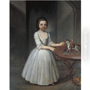 Portrait Of A Young Girl, Wearing A Grey Satin Dress, Standing By An Elaborate Roccoco Table With A Toy Soldier And Model Horses by Thomas Frye