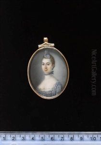 A Lady Wearing Blue Dress With White Lace Decoration, Matching Ribbon Choker And Aigrette With White Feather, Blue Earring Decorated With Diamonds