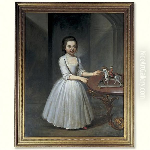 Portrait Of A Young Girl, Wearing A Grey Satin Dress, By An Elaborate Roccoco Table With Toy Soldiers - view 1