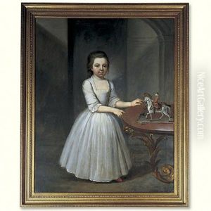 Portrait Of A Young Girl, Wearing A Grey Satin Dress, By An Elaborate Roccoco Table With Toy Soldiers by Thomas Frye