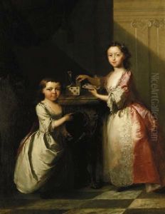 Portrait Of Two Young Children, The Elder Girl Building A House Of Cards On A Marble Topped Table, The Younger Child Playing With A Walking Stick, In An Interior