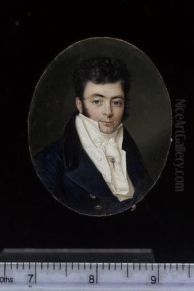 A Gentleman, Wearing Blue Coat With Black Velvet Collar And Large Brass Buttons, White Waistcoat, Frilled Shirt And White Stock Held With A Diamond Tie-pin - view 1