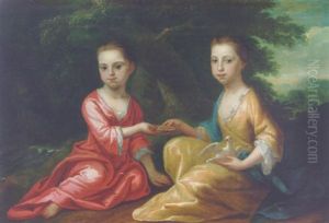 Portrait Of Two Children, One In A Red Dress, The Other In A Yellow Dress, Holding A Dish Of Water And A Dove