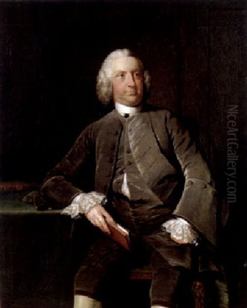 Portrait Of A Gentleman In A Grey Velvet Suit And Lace Cuffs, Holding A Book Beside A Table - view 1