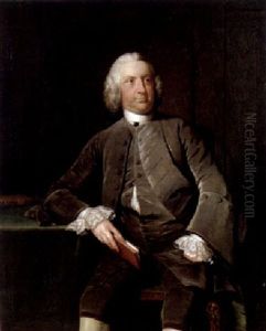 Portrait Of A Gentleman In A Grey Velvet Suit And Lace Cuffs, Holding A Book Beside A Table