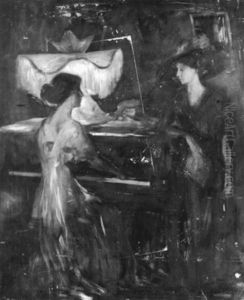 Interior With Two Figures - Genre Scene At A Piano by Emile Fuchs