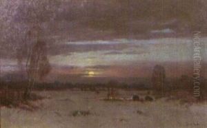 Romantische Winterlandschaft Mit Wildschweinrotte Im Gegenlicht Der Abendsonne by Franz Fuchs