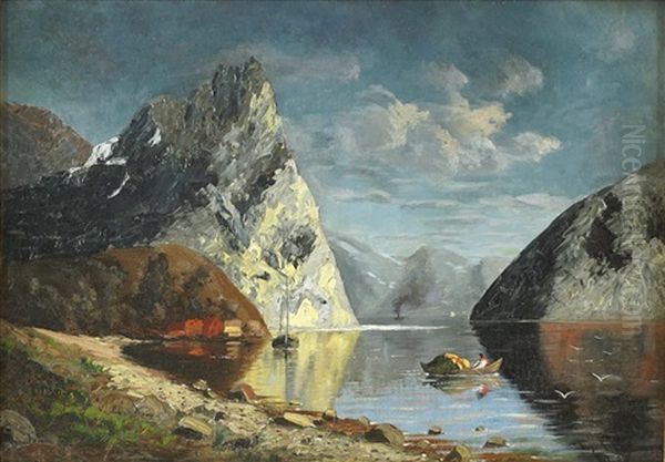 Norwegische Fjordlandschaft Mit Ubersetzendem Boot - view 1
