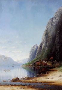 Fjordlandschaft Mit Hauser Und Booten Fjordlandschaft Mit Hauser Und Booten