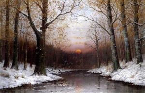 Untergehende Wintersonne Uber Verschneitem Waldbach Untergehende Wintersonne Uber Verschneitem Waldbach