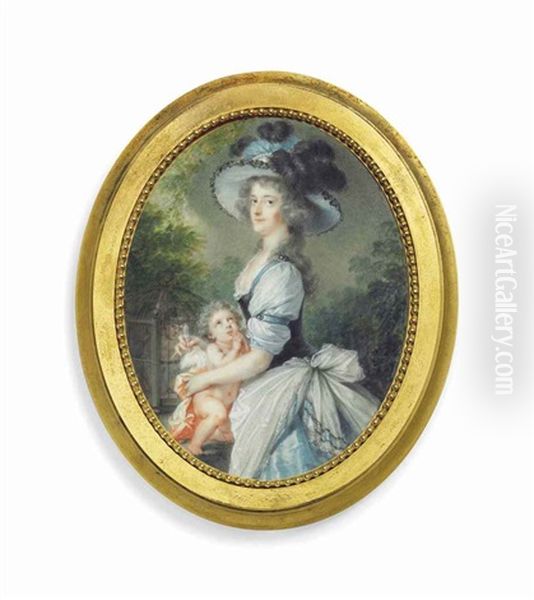 Princess Lucja Franciszka Lubomirska, Later Countess Tyszkiewicz (1770-1811), In Blue Dress With Black Bodice, Wearing An Elaborate Blue Hat Adorned With Black Ostrich Plumes, Plucking The Feathers Of Cupid"s Wings And A Caged Putt - view 1