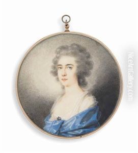 A Young Lady, In White Dress With Gem-set Brooch At Corsage, Blue Shawl Over Her Shoulders, Powdered Hair