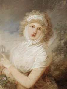 Portrait Of A Young Woman In A Yellow Dress With A White Shawl And Holding A Basket Of Flowers