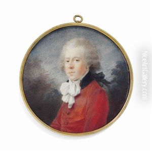 A Gentleman, In Red Velvet Coat With Black Collar, White Cravat And Powdered Hair En Queue; Foliate And Sky Background