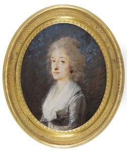 A Young Lady, In Grey Silk Dress With White Muslin Fichu And Silver-embroidered Belt