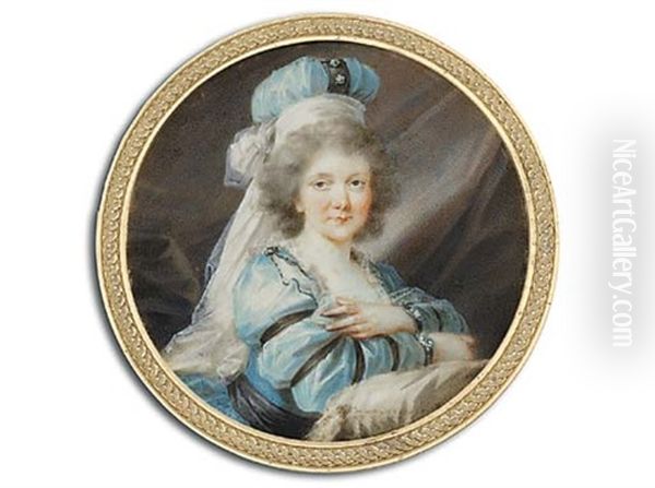Countess Coudenhove, Nee Countess Hatzfeld, With Crossed Arms Leaning On A White Silk Cushion, In Lace-bordered Turquoise Silk Dress With Black Ribbon, Black Sash, Turquoise Silk Headgear - view 1