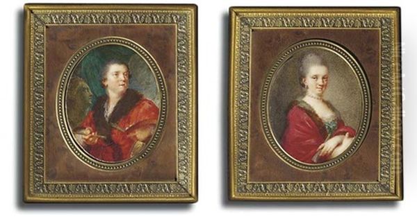 Court Painter Nicolas Guibal In Fur-bordered Red Velvet Coat, White Shirt, Powdered Hair, Holding An Artist's Palette (+ His Wife In Fur-bordered Claret-coloured Coat; 2 Works) - view 1