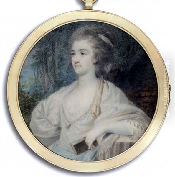 A Young Lady Resting Her Left Elbow On A Plinth And Holding A Book, In White Dress With Pale Blue Silk Sash, White Shawl Draped Around Her Shoulders... - view 1