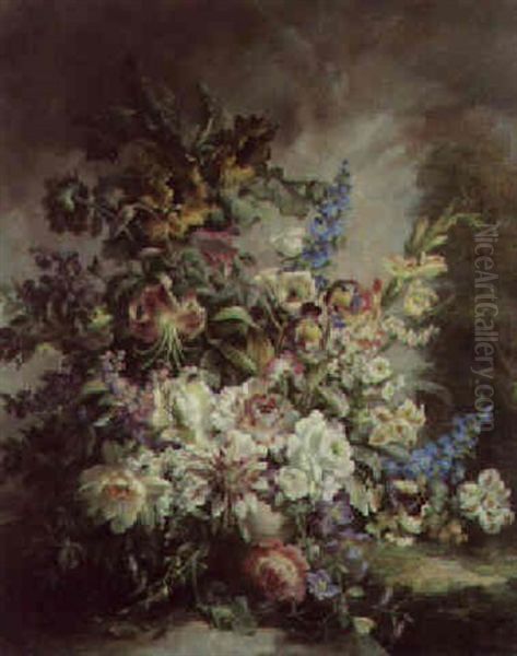 Flowers In An Urn With Wooded Landscape - view 1