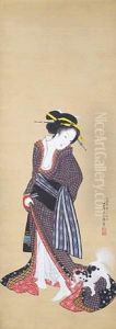 A Geisha Pulling The Hem Of Her Kimono Away From Her Pet Chin Dog by Kitagawa Fujimaro