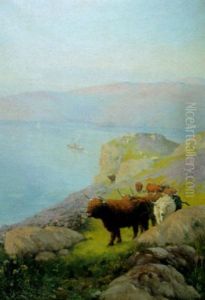 Highland Cattle High Above A Loch Side by Edmund George Fuller
