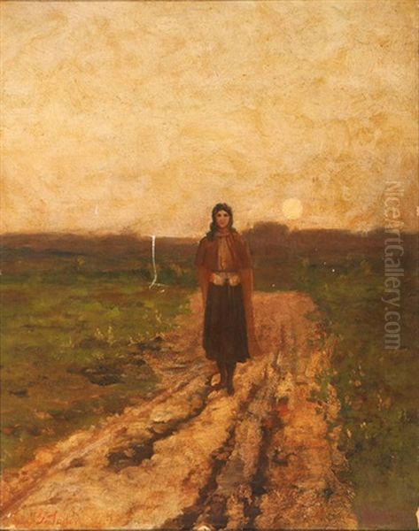 Woman Walking Down A Country Lane At Sunset And Portrait Of A Woman In Profile : A Double-sided Work - view 1