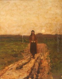 Woman Walking Down A Country Lane At Sunset And Portrait Of A Woman In Profile : A Double-sided Work Woman Walking Down A Country Lane At Sunset And Portrait Of A Woman In Profile : A Double-sided Work