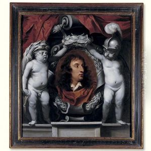 Portrait Of A Royalist General (the Earl Of Sandwich?) Supported By Putti Dressed As Minerva And Hercules by Isaac Fuller
