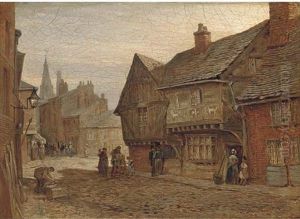 Figures On A Cobbled Street (+ A Church Interior; Pair) by John Fulleylove