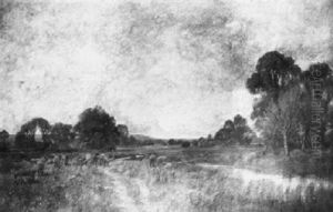 An Extensive River Landscape With Sheep by John Fullwood