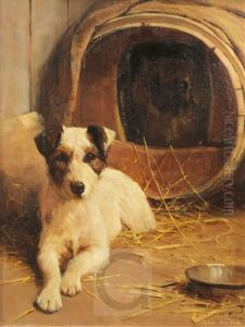 Portrait Of A Terrier Seated Beside A Barrel