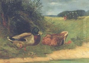 Et Andepar Ved En So, I Baggrunden Ligger En Raev Pa Lur by Herman Friedrich Funch