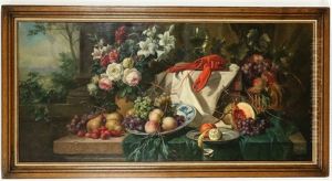 Pronkstilleven Met Kreeft, Wijnglas, Bloemen En Vruchten