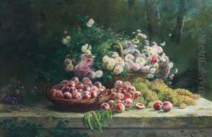 Corbeille De Peches, Raisins Et Panier De Fleurs Sur Un Muret by Albert Tibule Furcy De Lavault