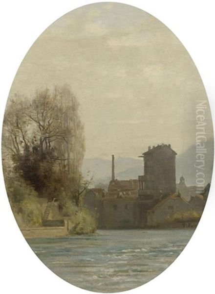 Flusslandschaft Mit Einer Stadt Im Hintergrund - view 1