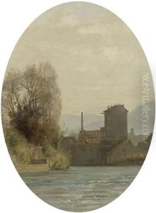 Flusslandschaft Mit Einer Stadt Im Hintergrund by Francois Furet