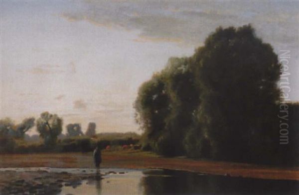Baumbestandene Flusslandschaft Mit Magd Und Schafen - view 1