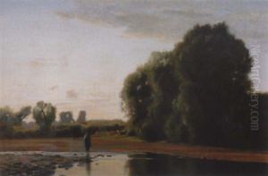 Baumbestandene Flusslandschaft Mit Magd Und Schafen by Francois Furet