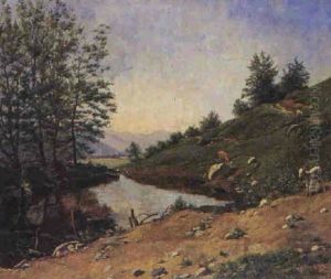 Alpental Mit Ziegen An Einem Flusschen by Francois Furet