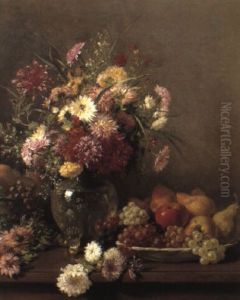 Chrysanthemums In A Vase And Bowl Of Fruit On A Table