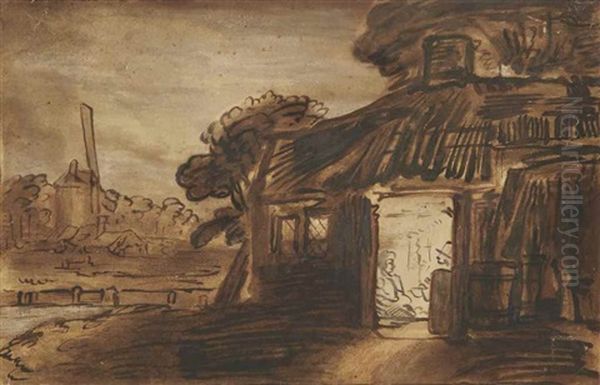 Deux Personnes Dans Une Chaumiere, Un Moulin A L'arriere-plan - view 1