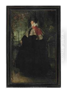 Portrait Of Mrs Ian Hamilton, Later Lady Hamilton, Standing Full-length, In A Black Worth Cloak With A Pink Collar, On A Terrace by Charles Wellington Furse