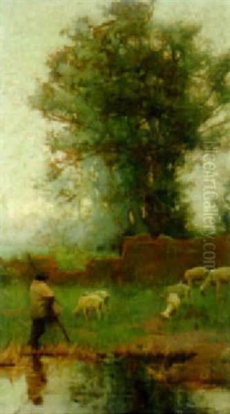 A Shepherd Watching His Flock At Dusk - view 1