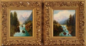 Bergfluss Mit Alpinem Hintergrund, Nadelwald Und Personenstaffage (+ Another, 2 Works) Bergfluss Mit Alpinem Hintergrund, Nadelwald Und Personenstaffage (+ Another, 2 Works)