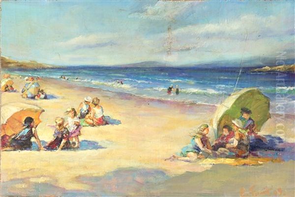 Beach Scene With Umbrellas And Children - view 1
