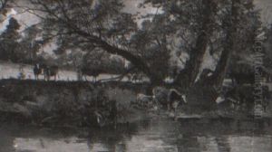 Cows By A Stream And Meadow