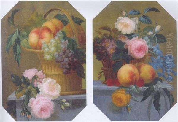 Fruit In A Basket With Roses On A Ledge - view 1