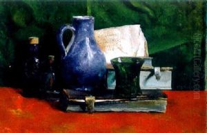 Stilleben Mit Folianten, Pergamenturkunde, Tintenflaschlein, Henkelkrug Und Grunem Becher by August Futterer