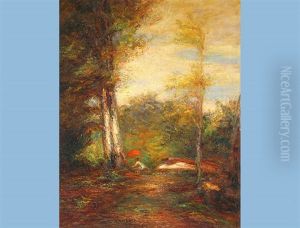 Figure With A Red Parasol Sitting In A Clearing